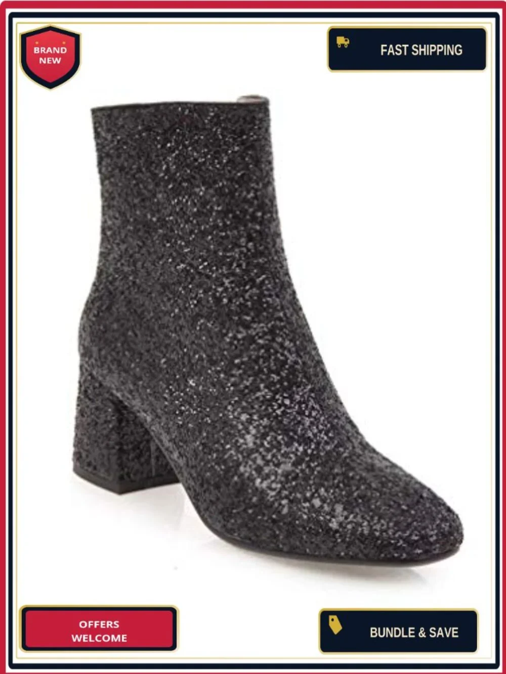 Women's Glitter Ankle Boots Block Heel Side Zipper Party Booties